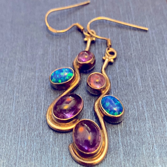 🌴Artisan made sterling silver amethyst opal earrings - Picture 3 of 9